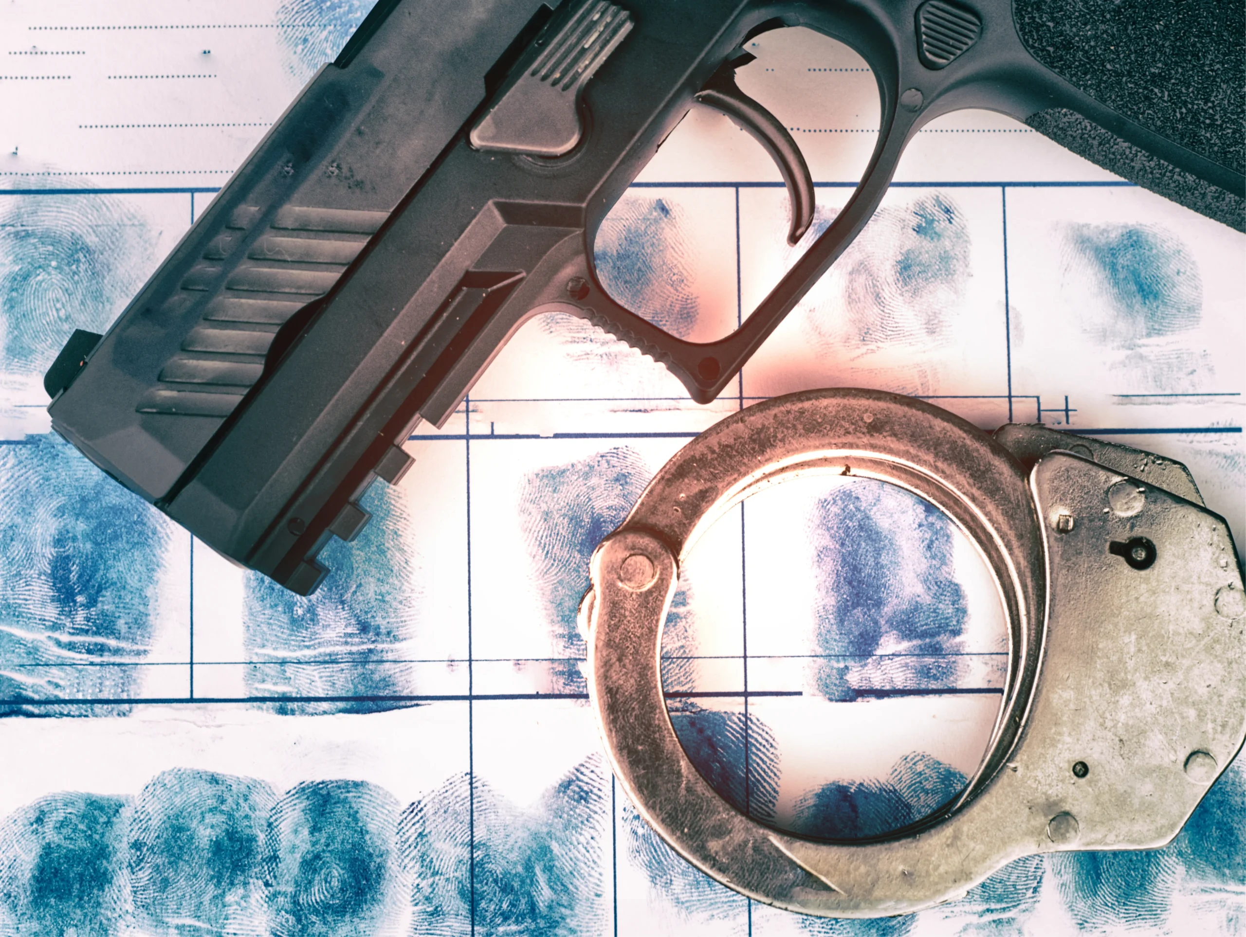 a weapon and handcuffs sitting on top of a fingerprint sheet